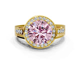 Yellow gold Fancy Pink Round Cut Diamond Halo Ring with Split Shank and Bezel Accents and Prong Setting