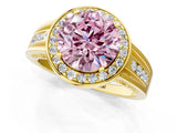 Yellow gold Fancy Pink Round Cut Diamond Halo Ring with Split Shank and Bezel Accents and Prong Setting_1