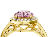 Yellow gold Fancy Pink Round Cut Diamond Halo Ring with Split Shank and Bezel Accents and Prong Setting_4
