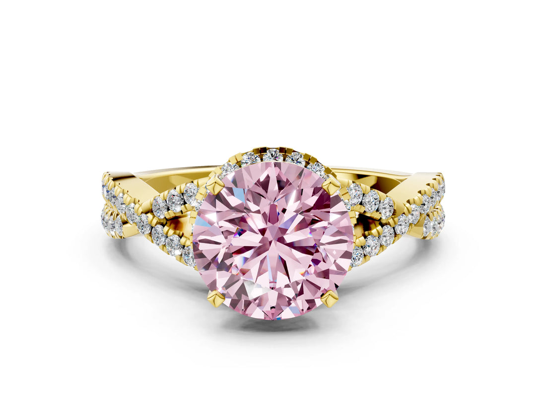 Yellow gold Fancy Pink Round Cut Diamond  Halo Twist Band Solitaire Prong Setting Ring_42