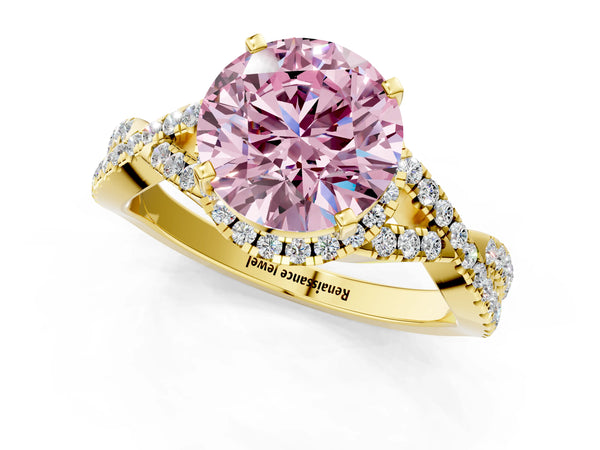Yellow gold Fancy Pink Round Cut Diamond  Halo Twist Band Solitaire Prong Setting Ring