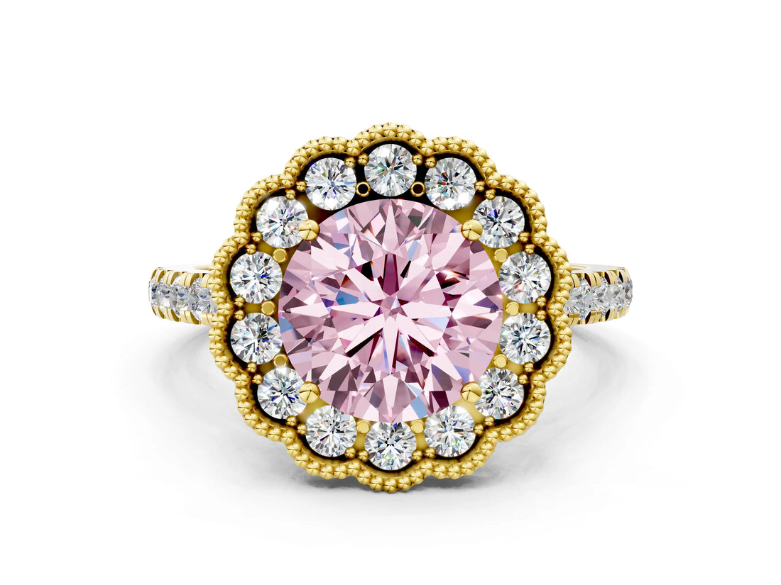 Yellow gold Fancy Pink Round  Cut Diamond Milgrain Floral Halo Engagement Ring with Pavé Band_15