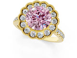 Yellow gold Fancy Pink Round  Cut Diamond Milgrain Floral Halo Engagement Ring with Pavé Band_16