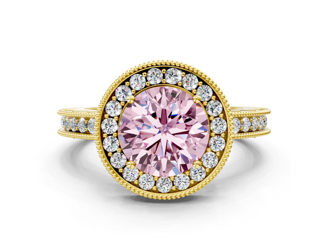 Yellow gold Fancy Pink Round Cut Diamond Milgrain Halo Engagement Ring with Round Pavé Band and Prong Setting_12