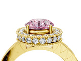 Yellow gold Fancy Pink Round Cut Diamond Milgrain Halo Engagement Ring with Round Pavé Band and Prong Setting_16