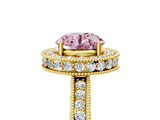 Yellow gold Fancy Pink Round Cut Diamond Milgrain Halo Engagement Ring with Round Pavé Band and Prong Setting_17