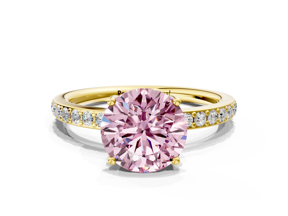 Yellow gold Fancy Pink Round  Cut Diamond Pavé Band Ring with Four-Prong Setting