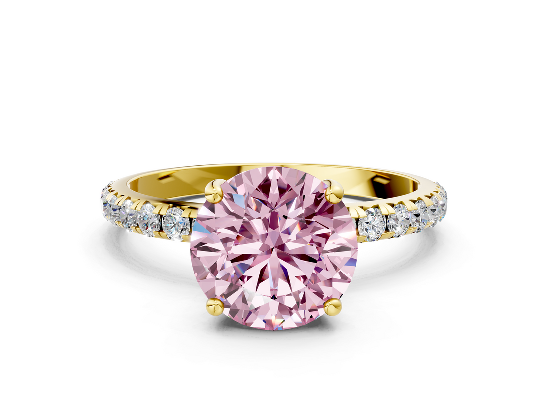 Yellow gold Fancy Pink Round  Cut Diamond Pavé Band Solitaire with Four-Prong Setting_3