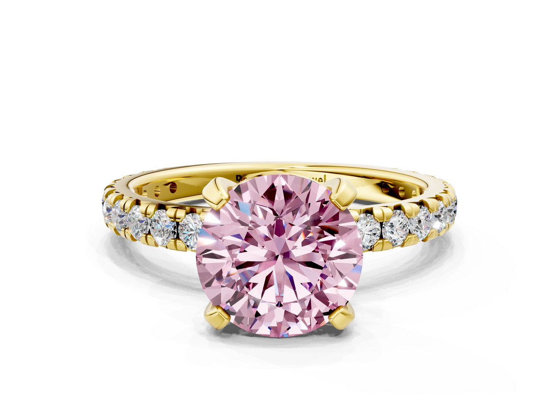 Yellow gold Fancy Pink Round  Cut Diamond Pavé Band with Four-Prong Setting