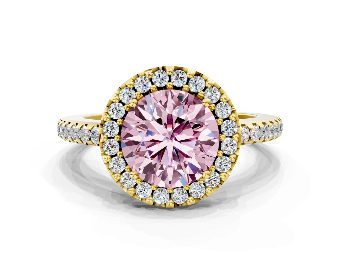 Yellow gold Fancy Pink Round Cut Diamond Pavé Halo Ring with Four-Prong Setting_18