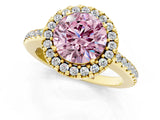 Yellow gold Fancy Pink Round Cut Diamond Pavé Halo Ring with Four-Prong Setting_19