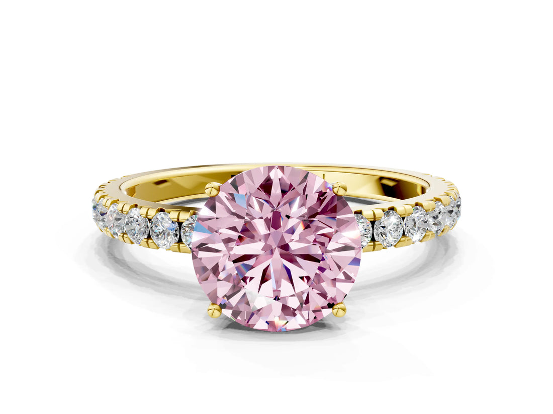 Yellow gold Fancy Pink Round Cut Diamond Pavé Solitaire Engagement Ring with Four-Prong Setting_17