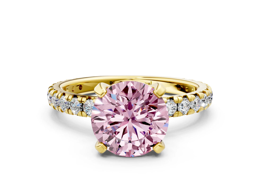 Yellow gold Fancy Pink Round Cut Diamond Pavé Solitaire Ring with Round Band and Prong Setting_12