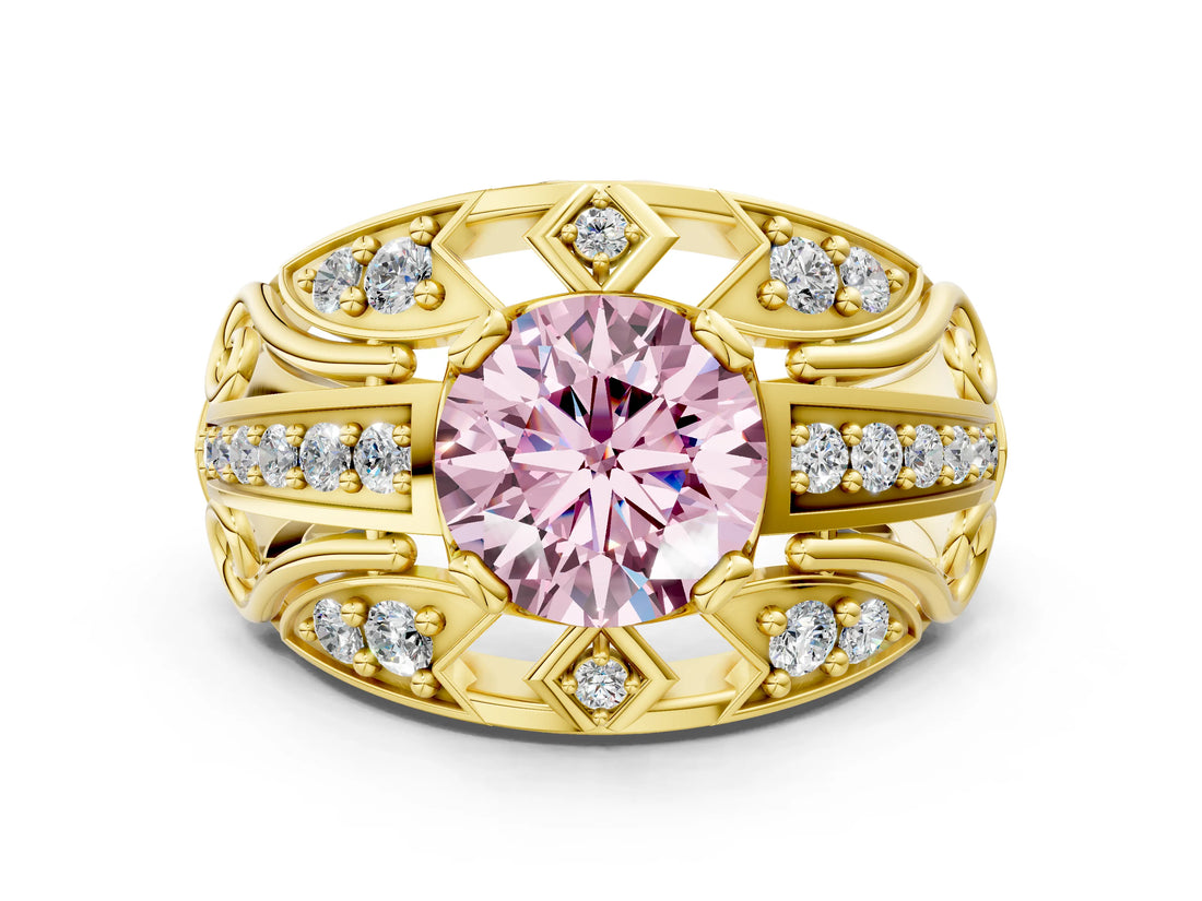 Yellow gold Fancy Pink Round Cut Diamond Pave Art Deco Split Shank Ring with Four-Prong Setting