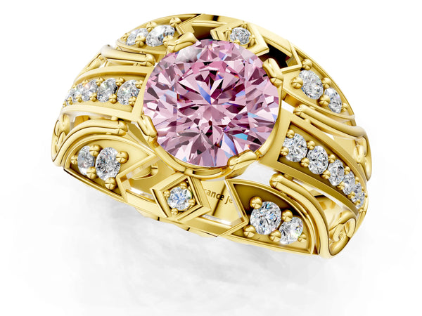 Yellow gold Fancy Pink Round Cut Diamond Pave Art Deco Split Shank Ring with Four-Prong Setting