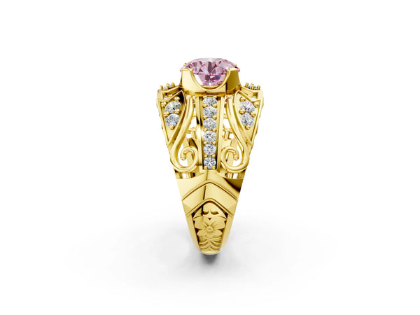 Yellow gold Fancy Pink Round Cut Diamond Pave Art Deco Split Shank Ring with Four-Prong Setting