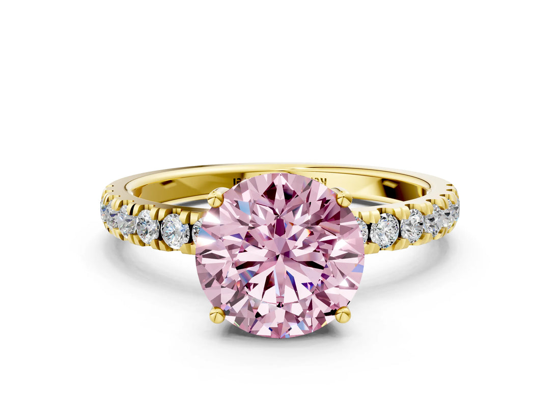 Yellow gold Fancy Pink Round Cut Diamond Pave Band Solitaire Ring with Four-Prong Setting_17