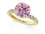 Yellow gold Fancy Pink Round Cut Diamond Pave Band Solitaire Ring with Four-Prong Setting_18