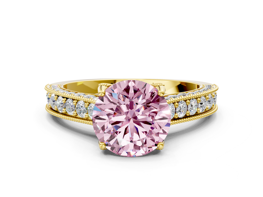 Yellow gold Fancy Pink Round  Cut Diamond Pave Band with Four-Prong Setting