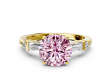 Yellow gold Fancy Pink Round  Cut Diamond Ring with Baguette Side Stones, Channel Set Band, and Four-Prong Setting