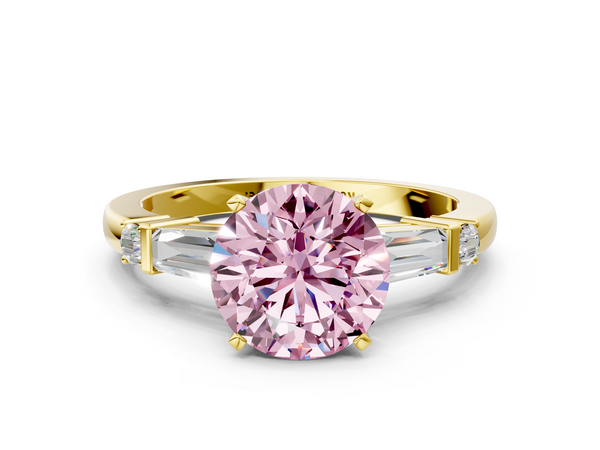 Yellow gold Fancy Pink Round  Cut Diamond Ring with Baguette Side Stones, Channel Set Band, and Four-Prong Setting