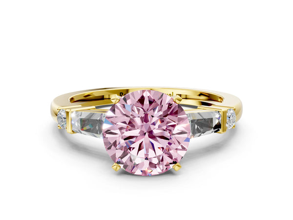 Yellow gold Fancy Pink Round  Cut Diamond Ring with Baguette Side Stones, Channel Set Band, and Four-Prong Setting