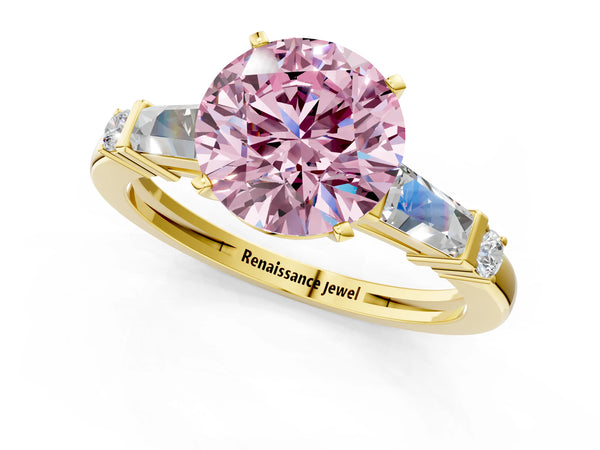 Yellow gold Fancy Pink Round  Cut Diamond Ring with Baguette Side Stones, Channel Set Band, and Four-Prong Setting