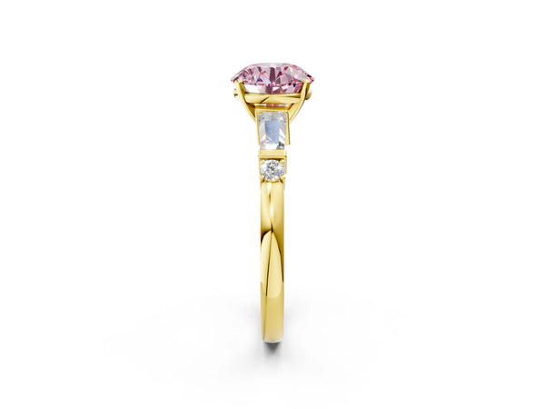 Yellow gold Fancy Pink Round  Cut Diamond Ring with Baguette Side Stones, Channel Set Band, and Four-Prong Setting