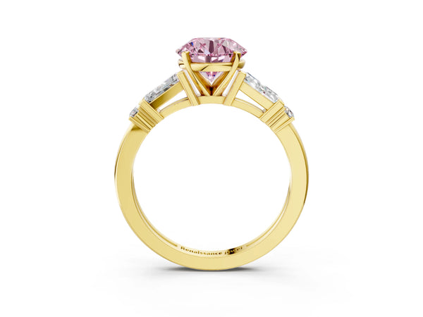 Yellow gold Fancy Pink Round  Cut Diamond Ring with Baguette Side Stones, Channel Set Band, and Four-Prong Setting