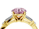 Yellow gold Fancy Pink Round  Cut Diamond Ring with Baguette Side Stones, Channel Set Band, and Four-Prong Setting_4