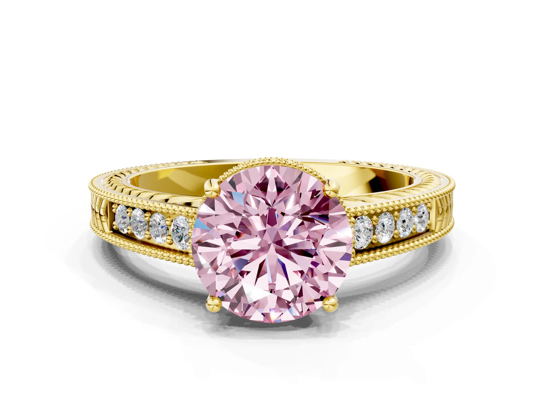 Yellow gold Fancy Pink Round Cut Diamond Ring with Milgrain Pavé Band and Four-Prong Setting_20