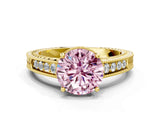 Yellow gold Fancy Pink Round Cut Diamond Ring with Milgrain Pavé Band and Four-Prong Setting_20