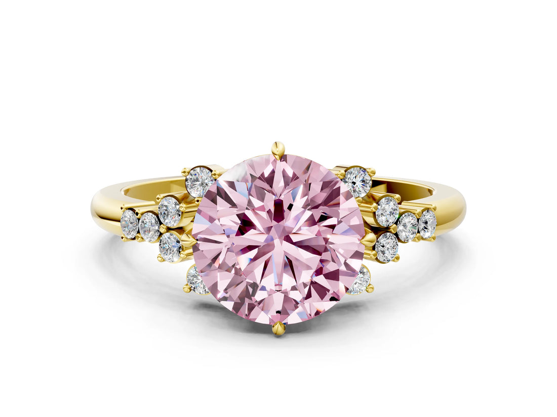 Yellow gold Fancy Pink Round Cut Diamond Ring with Side Stones and Four-Prong Setting_46