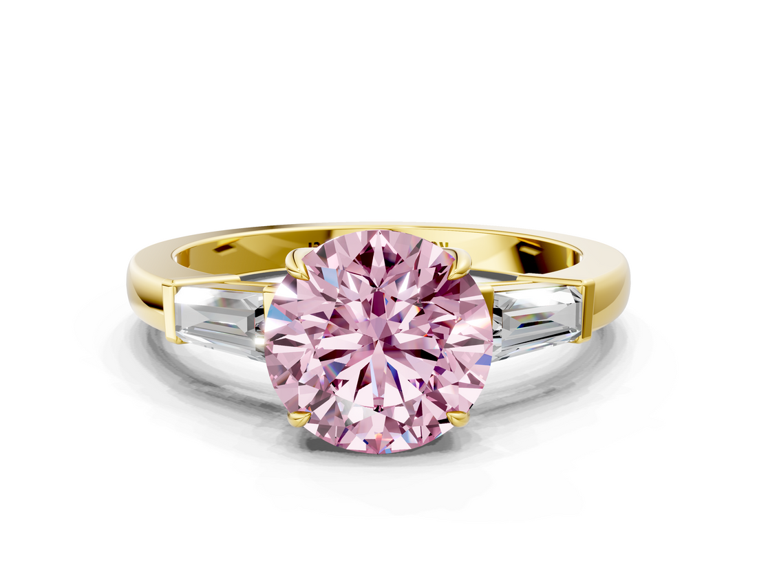Yellow gold Fancy Pink Round  Cut Diamond Ring with Tapered Baguette Side Stones in Four-Prong Setting