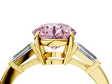 Yellow gold Fancy Pink Round  Cut Diamond Ring with Tapered Baguette Side Stones in Four-Prong Setting_4