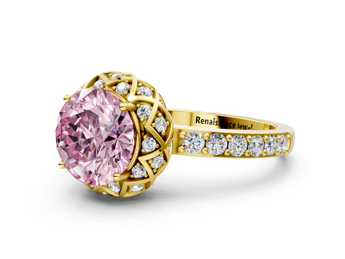 Yellow gold Fancy Pink Round Cut Diamond Scalloped Halo Engagement Ring with Round Shared Prong Band_12