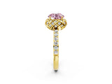 Yellow gold Fancy Pink Round Cut Diamond Scalloped Halo Engagement Ring with Round Shared Prong Band_14