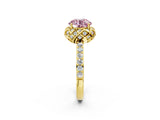 Yellow gold Fancy Pink Round Cut Diamond Scalloped Halo Engagement Ring with Round Shared Prong Band_26
