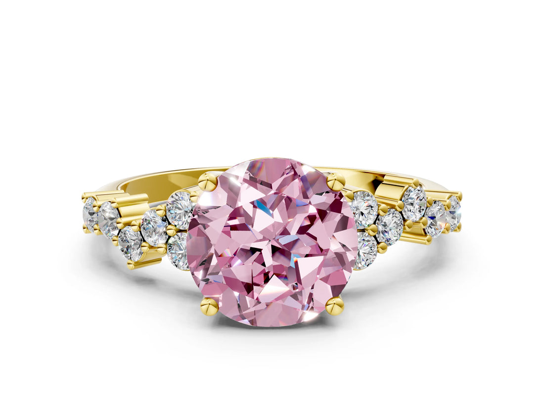 Yellow gold Fancy Pink Round Cut Diamond Scattered Round Accent Ring with Prong Setting_12