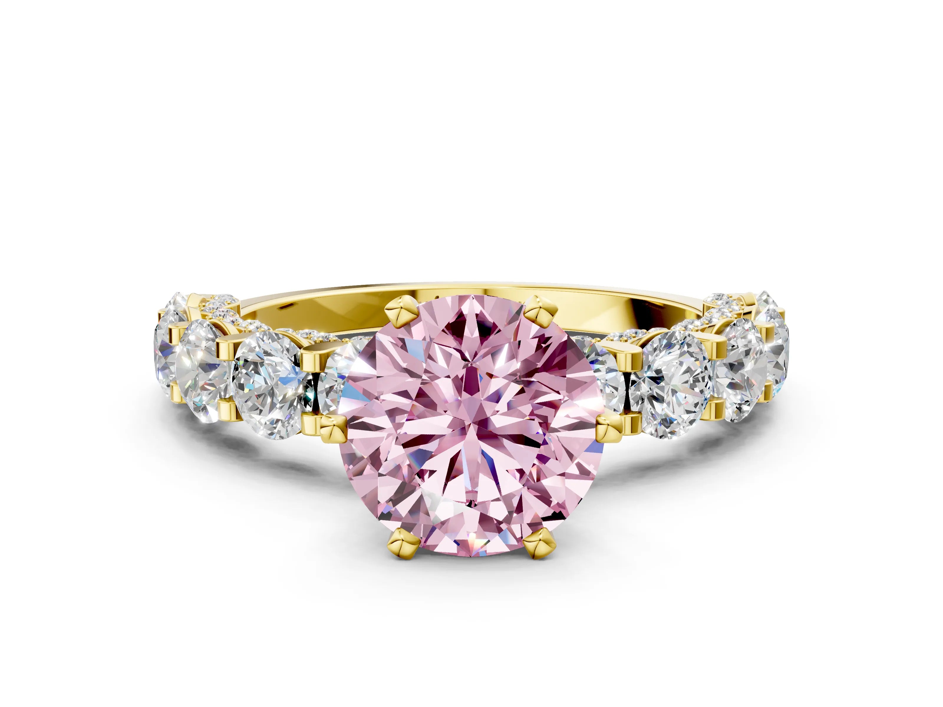 Yellow gold Fancy Pink Round Cut Diamond Side Stone Engagement Ring with Four-Prong Setting_36