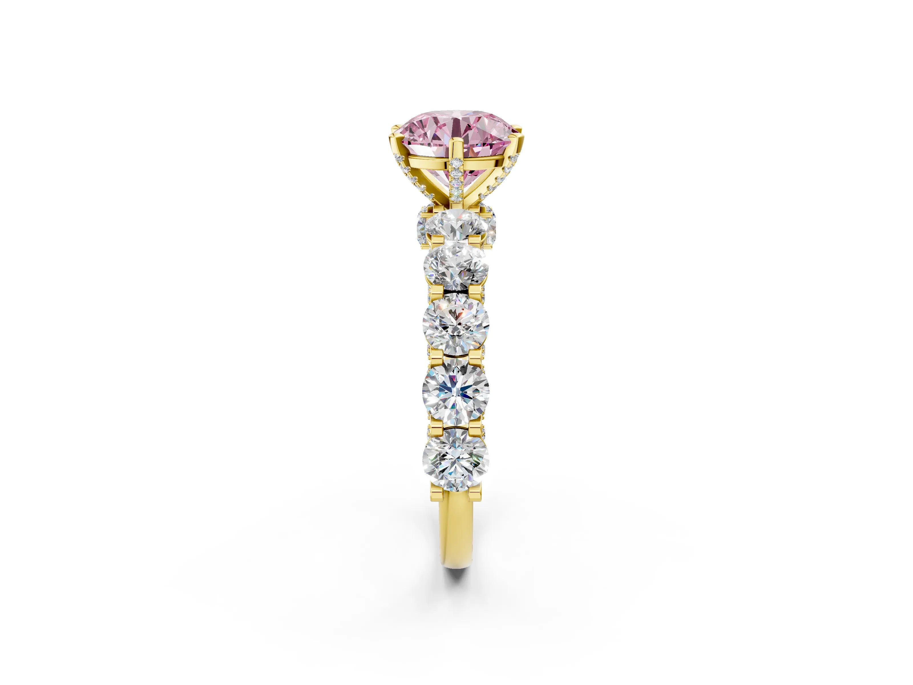 Yellow gold Fancy Pink Round Cut Diamond Side Stone Engagement Ring with Four-Prong Setting_38