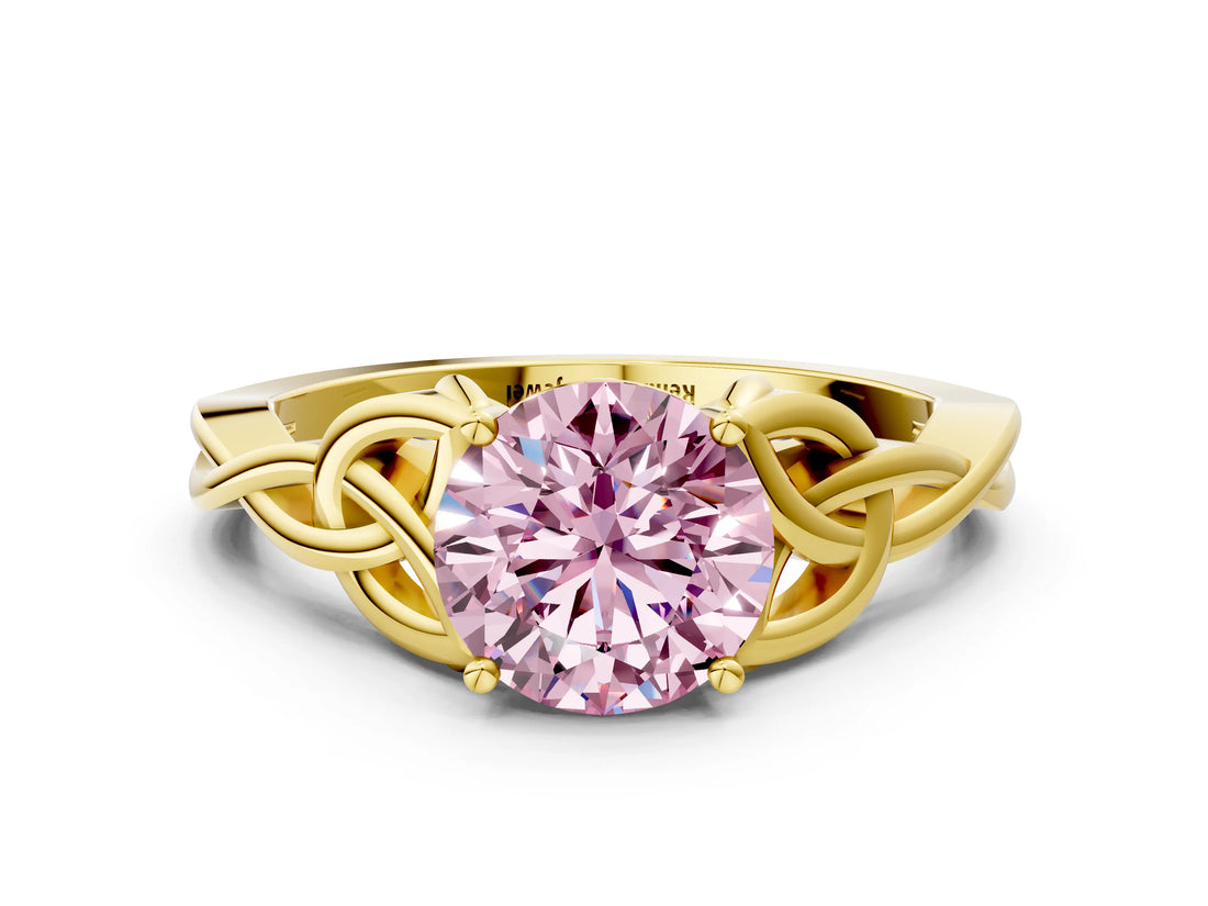Yellow gold Fancy Pink Round Cut Diamond Solitaire Celtic Knot Ring with Four-Prong Setting_16