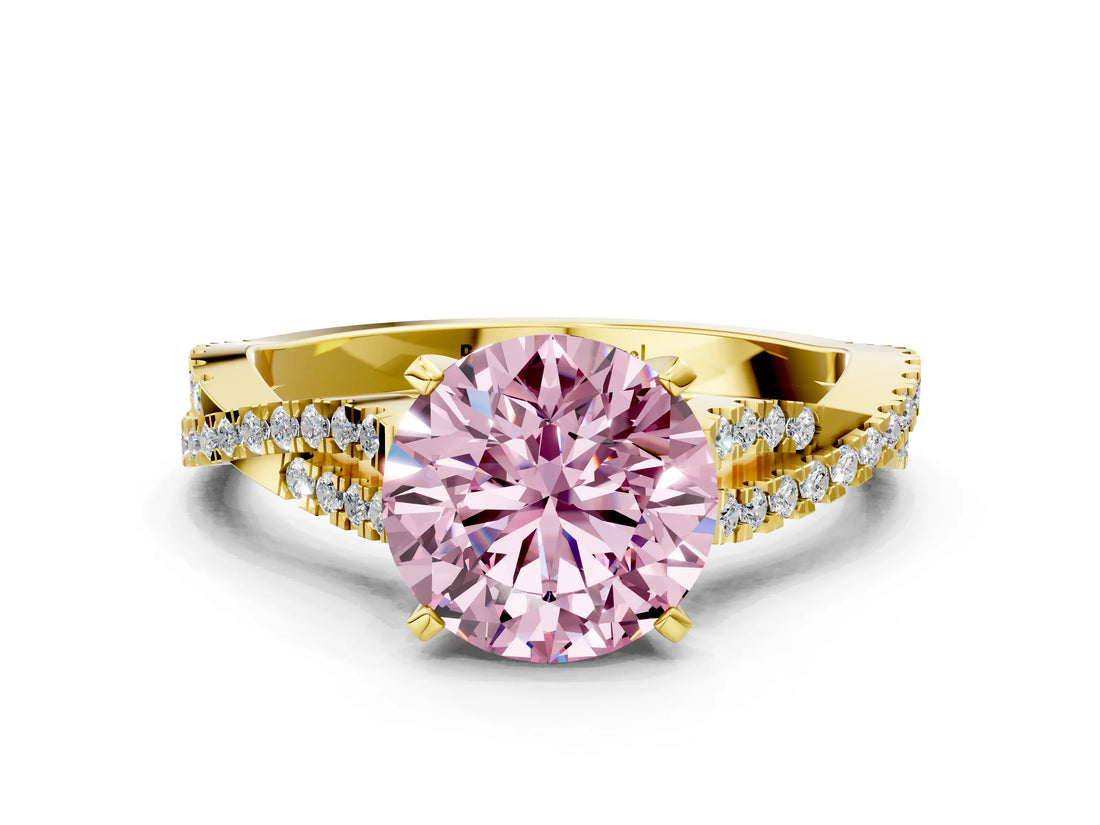 Yellow gold Fancy Pink Round Cut Diamond Solitaire Engagement Ring with Twisted Pavé Band and Four-Prong Setting_85