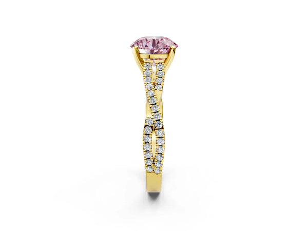 Yellow gold Fancy Pink Round Cut Diamond Solitaire Engagement Ring with Twisted Pavé Band and Four-Prong Setting