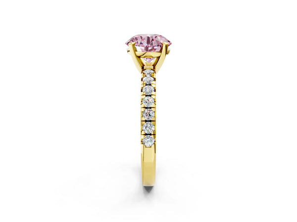 Yellow Gold Round Solitaire Engagement Ring Setting for Fancy Pink Center with Large Round Accent Band and Basket Head