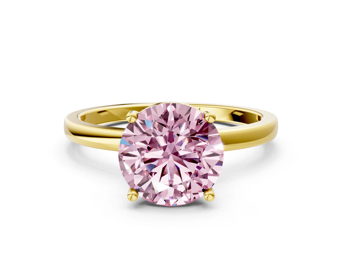Yellow gold Fancy Pink Round Cut Diamond Solitaire Ring with Classic Band and Four-Prong Setting_12