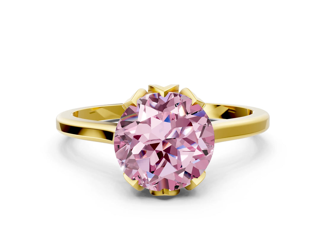 Yellow gold Fancy Pink Round Cut Diamond Solitaire Ring with Flower Prong Setting and Classic Band_36