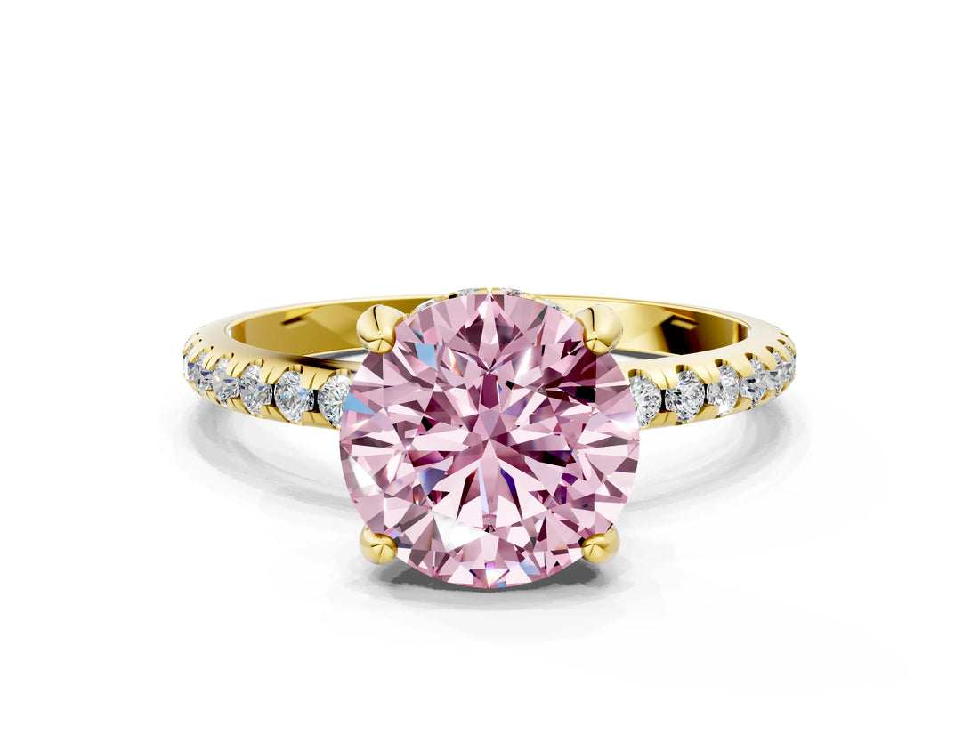 Yellow gold Fancy Pink Round Cut Diamond Solitaire Ring with Four-Prong Setting and Pavé Band_3