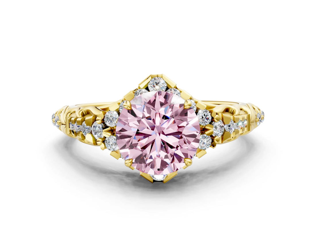 Yellow gold Fancy Pink Round Cut Diamond Solitaire Ring with Hidden Halo and Pavé Band_27