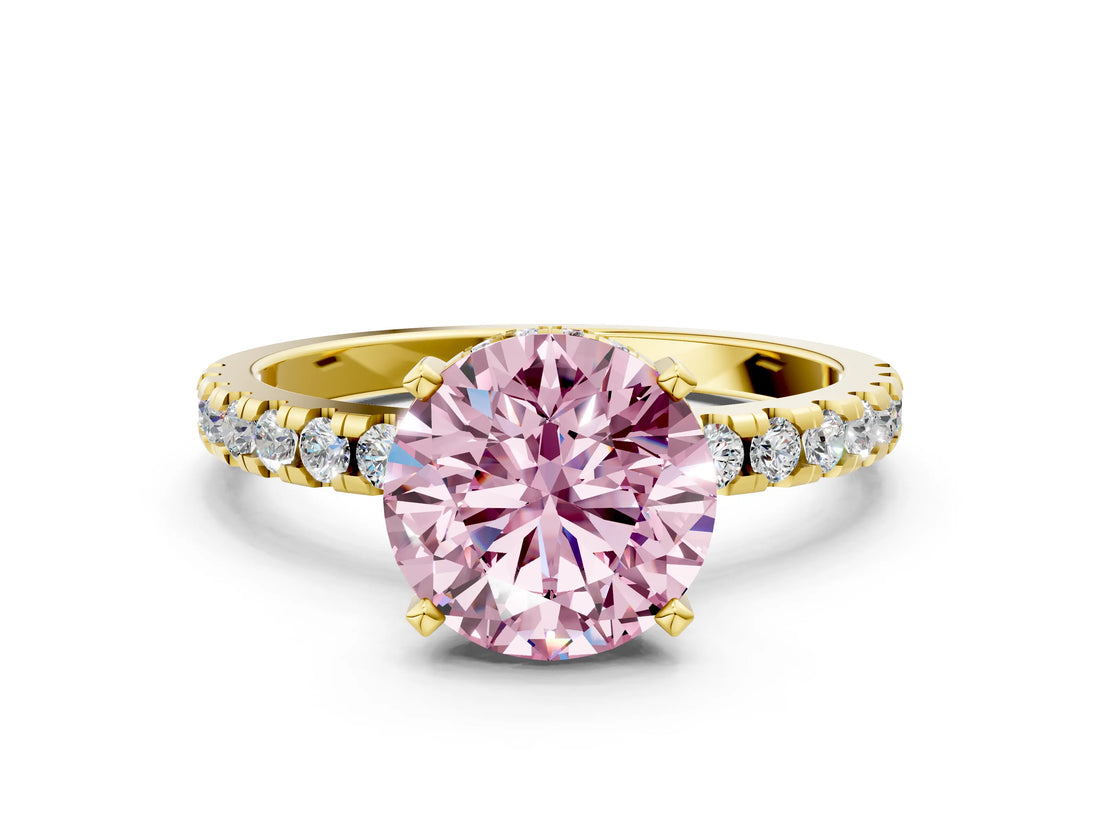 Yellow gold Fancy Pink Round Cut Diamond Solitaire Ring with Pavé Band and Four-Prong Setting_17